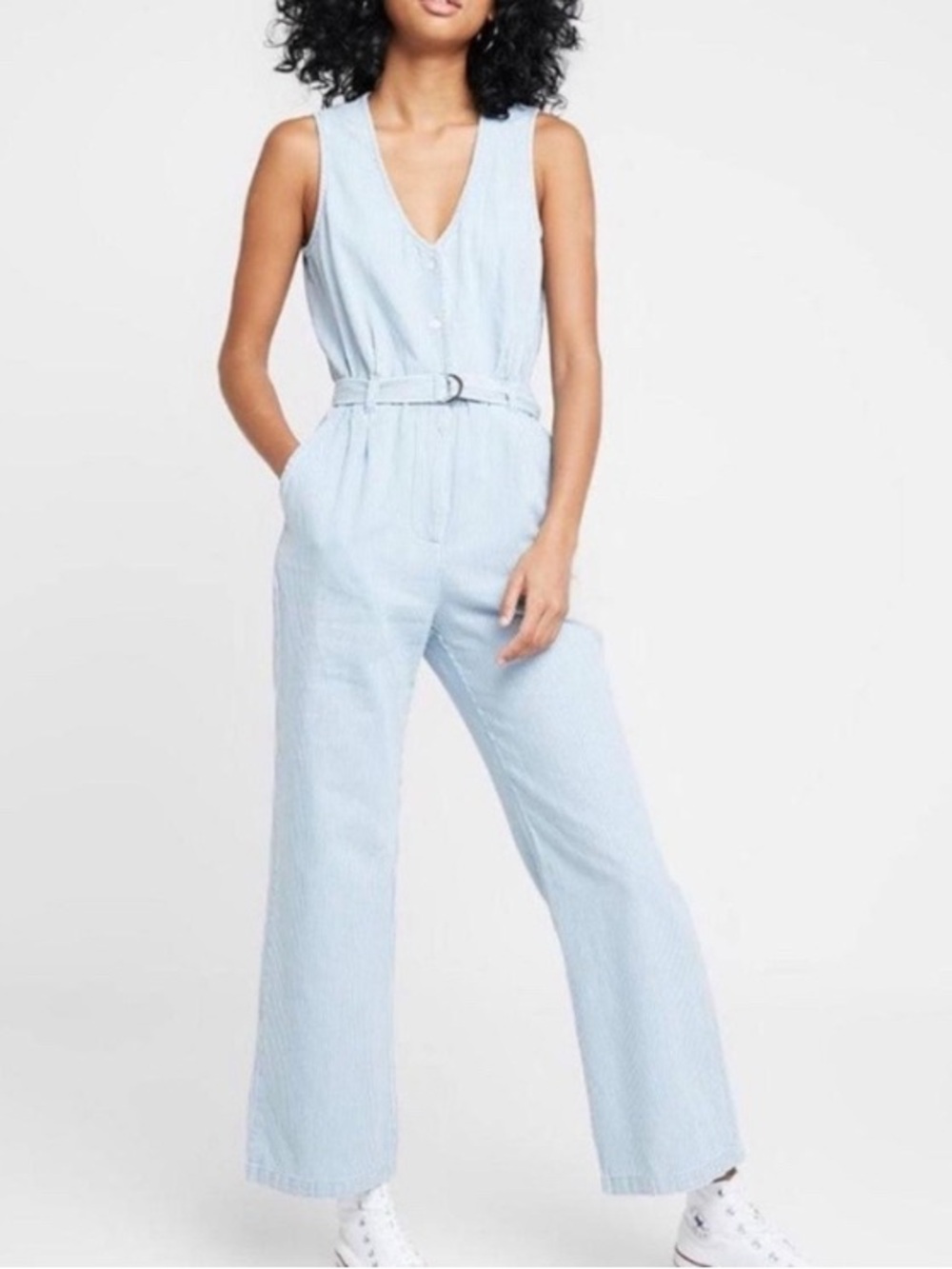 Obey Ombre Light Blue Pinstripe Sleeveless Belted Jumpsuit, size medium